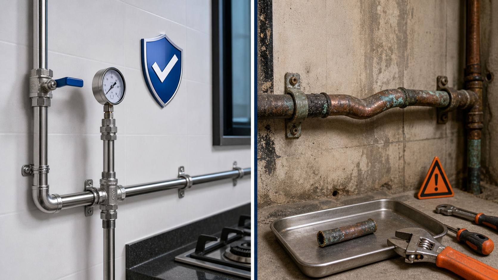 Clean SS 304 residential pipeline compared with bent, oxidized and higher-maintenance copper pipe